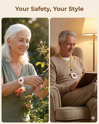 PILSAMAS Rechargeable Medical Alert System for Seniors No Monthly Fee, IP65 Waterproof Emergency Wristband & Necklace Call Button Set, Wireless Portable Caregiver Pager with LCD Dispaly, Vibration in Kuwait