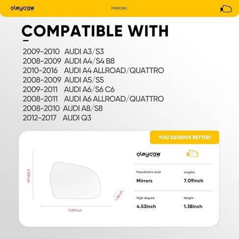 Compatible with Audi A3 S3 A4 S4 B8 A5 S5 A6 S6 C6 A8 S8 Q3 Passenger Side Mirror, 2008-2017, Right Side Mirrors for Audi A4 A6 Allroad Quattro Replacement Glass, Power Heated in Kuwait