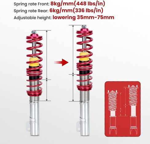maxpeedingrods Coilovers for VW Golf MK4 FWD 1997-2007، for VW Beetle1998-2010، for VW Jetta MK4 1999-2005، طقم تعليق Coilovers قابل للتعديل للارتفاع، طقم خفض أحمر in Kuwait
