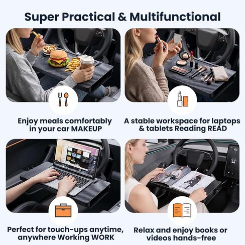 منظم حشو فجوة مقعد السيارة 2 في 1، طاولة كمبيوتر محمول من ألياف الكربون قابلة للطي لتناول الطعام والكتابة، تناسب عجلة القيادة المستديرة القياسية، Tesla Y 3، سيدان، سيارات الدفع الرباعي، MPV، وليس للمركبات الترفيهية والشاحنات in Kuwait
