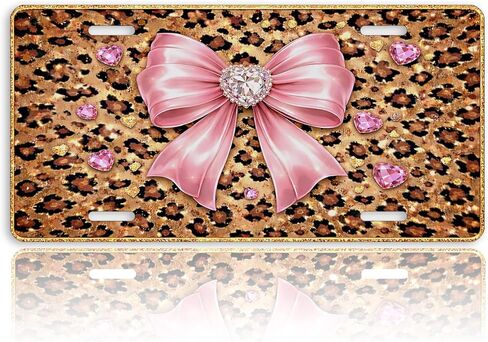 Leopard Print Front License Plate for Women Pink Bow Glitter Diamond Hearts Car Vanity Plates Decorative Aluminum Metal Cute Novelty License Plate for Men 6x12 Inch (4 Holes) in Saudi Arabia