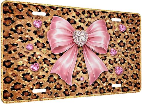 Leopard Print Front License Plate for Women Pink Bow Glitter Diamond Hearts Car Vanity Plates Decorative Aluminum Metal Cute Novelty License Plate for Men 6x12 Inch (4 Holes) in Saudi Arabia