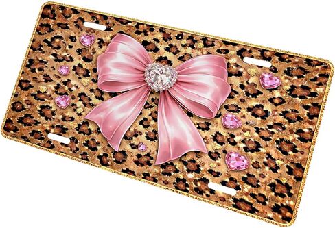 Leopard Print Front License Plate for Women Pink Bow Glitter Diamond Hearts Car Vanity Plates Decorative Aluminum Metal Cute Novelty License Plate for Men 6x12 Inch (4 Holes) in Saudi Arabia