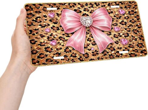 Leopard Print Front License Plate for Women Pink Bow Glitter Diamond Hearts Car Vanity Plates Decorative Aluminum Metal Cute Novelty License Plate for Men 6x12 Inch (4 Holes) in Saudi Arabia