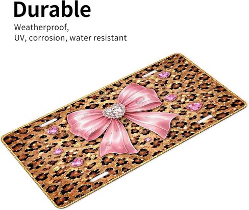 Leopard Print Front License Plate for Women Pink Bow Glitter Diamond Hearts Car Vanity Plates Decorative Aluminum Metal Cute Novelty License Plate for Men 6x12 Inch (4 Holes) in Saudi Arabia