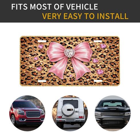 Leopard Print Front License Plate for Women Pink Bow Glitter Diamond Hearts Car Vanity Plates Decorative Aluminum Metal Cute Novelty License Plate for Men 6x12 Inch (4 Holes) in Saudi Arabia