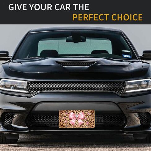 Leopard Print Front License Plate for Women Pink Bow Glitter Diamond Hearts Car Vanity Plates Decorative Aluminum Metal Cute Novelty License Plate for Men 6x12 Inch (4 Holes) in Saudi Arabia