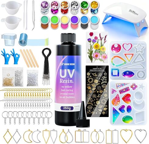 SHORE RESIN UV Resin Kit with Light, 250g Crystal Clear Fast-Curing Jewelry Set with Molds, Glitter, Dried Flowers & Tools for Earrings, Keychains & DIY Crafts in Saudi Arabia