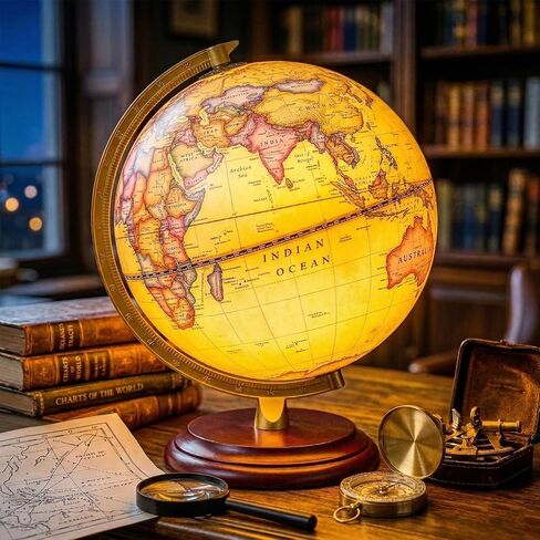 World Globe with Weighted Solid Wood Base - 8" HD Printing Illuminated Antique Desk Decor - Flicker-Free Eye-Care LED Light Up Vintage Globe - Sturdy Metal Meridian World Sphere for Adults & Kids in Saudi Arabia