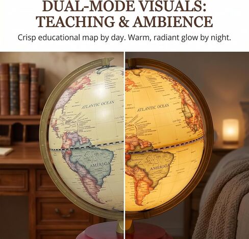 World Globe with Weighted Solid Wood Base - 8" HD Printing Illuminated Antique Desk Decor - Flicker-Free Eye-Care LED Light Up Vintage Globe - Sturdy Metal Meridian World Sphere for Adults & Kids in Saudi Arabia
