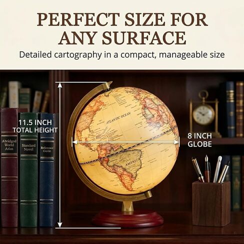 World Globe with Weighted Solid Wood Base - 8" HD Printing Illuminated Antique Desk Decor - Flicker-Free Eye-Care LED Light Up Vintage Globe - Sturdy Metal Meridian World Sphere for Adults & Kids in Saudi Arabia
