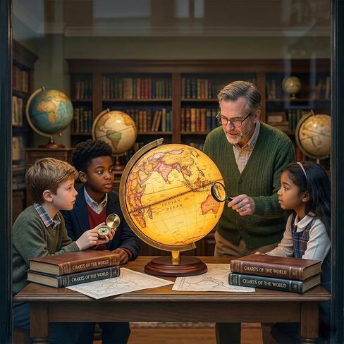 World Globe with Weighted Solid Wood Base - 8" HD Printing Illuminated Antique Desk Decor - Flicker-Free Eye-Care LED Light Up Vintage Globe - Sturdy Metal Meridian World Sphere for Adults & Kids in Saudi Arabia