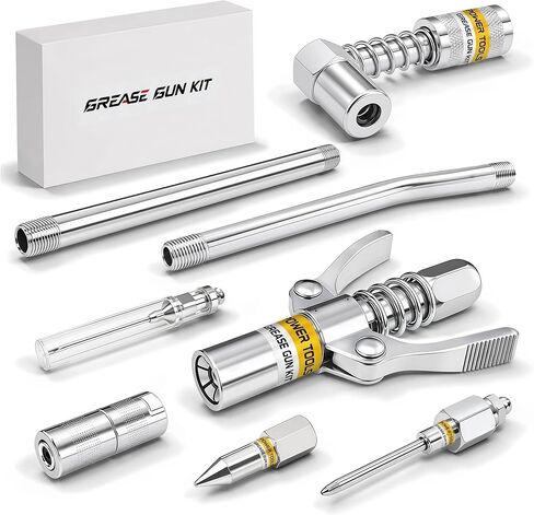 8PCS Grease Gun Tips, Grease Gun Needle Tip Includes Lock Coupler, 90°Adapter, Plain Coupler, Needle Nozzle, Sharp Nozzle, Injector Needle, Straight Pipe, Bend Pipe in Saudi Arabia