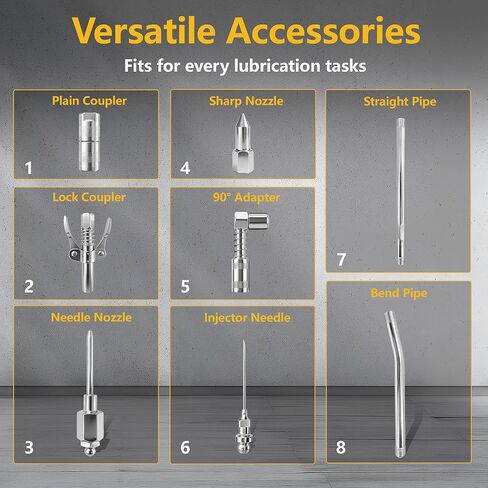 8PCS Grease Gun Tips, Grease Gun Needle Tip Includes Lock Coupler, 90°Adapter, Plain Coupler, Needle Nozzle, Sharp Nozzle, Injector Needle, Straight Pipe, Bend Pipe in Saudi Arabia