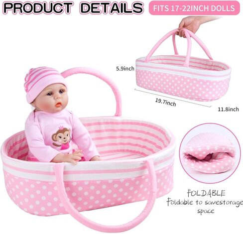 Reborn Baby Dolls Bassinet Pink Crib Bed Soft Toddler Doll Carrier for 18-24 Inch Baby Doll Accessories Baskets with Handle in Kuwait