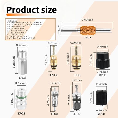 17PCS AC Valve Core Kit,Double Head A/C Valve Core Removal Tool Set with R134a R12 Valves Cores,High/Low Pressure Side Couplings,Universal A/C Tool Fit for Refrigeration System Repair in Kuwait