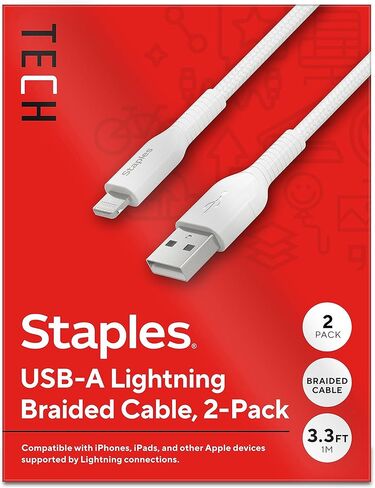 Staples TECH متوافق مع كابل شحن USB-A، 3.3 قدم، أبيض، 2/حزمة (ST62330) in Saudi Arabia