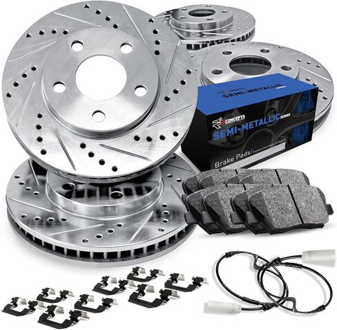 R1 Concepts Front and Rear Brake Kit Fits 2011-2016 BMW 535i, 550i; 2012-2018 BMW 650i| Semi Met Pads, Drilled Slotted Rotors| Hardware, Sensor Wire| 14.0" Front & 13.6" Rear in Kuwait