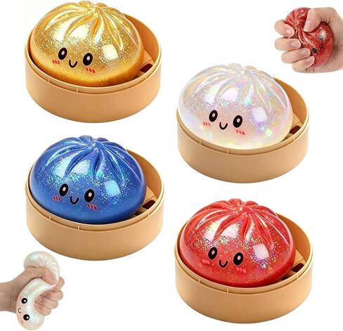 4Pcs Dumpling Squeeze Toy, Dumpling Glitter, Giant Dumplings Glitter Box, Colorful Sensory Toys Stress Relief Ball, Squishy Toy with Steamer Box, Soft Squeeze Decompression Dough in Saudi Arabia