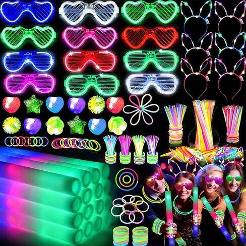 142 PCS Glow in the Dark Party Supplies, 12 Foam Sticks, 12PCS LED Glasses,6PCS Rabbit Headband 100PCS Glow Sticks and 12PCS Finger Lights Neon Party Favors for Wedding,Birthday,New Year, Carnivals in Saudi Arabia