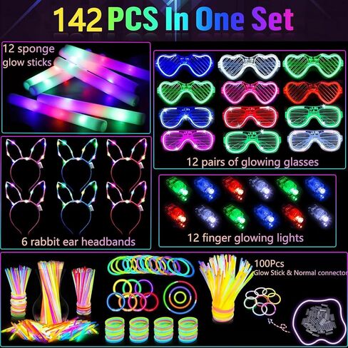 142 PCS Glow in the Dark Party Supplies, 12 Foam Sticks, 12PCS LED Glasses,6PCS Rabbit Headband 100PCS Glow Sticks and 12PCS Finger Lights Neon Party Favors for Wedding,Birthday,New Year, Carnivals in Saudi Arabia