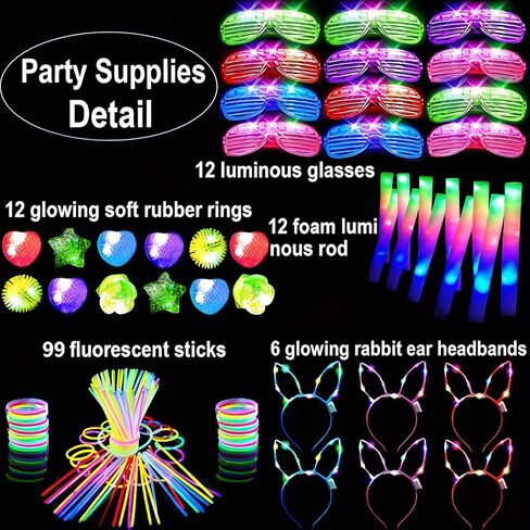 142 PCS Glow in the Dark Party Supplies, 12 Foam Sticks, 12PCS LED Glasses,6PCS Rabbit Headband 100PCS Glow Sticks and 12PCS Finger Lights Neon Party Favors for Wedding,Birthday,New Year, Carnivals in Saudi Arabia
