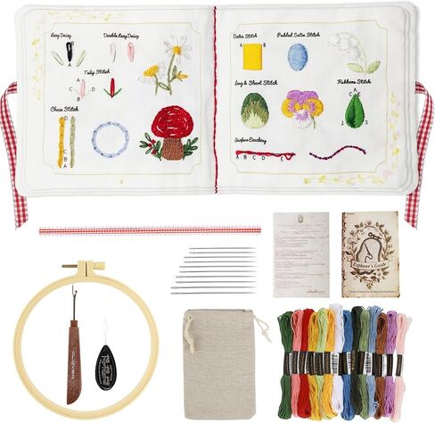 Zisekdy Embroidery Stitch Book Kit for Adults Beginners, 32 Stitches, Hand Embroidery Guide with Floral Patterns, Includes Hoop, Threads and Tools, DIY Sewing Craft Starter Set, Gift for Craft Lovers in Kuwait