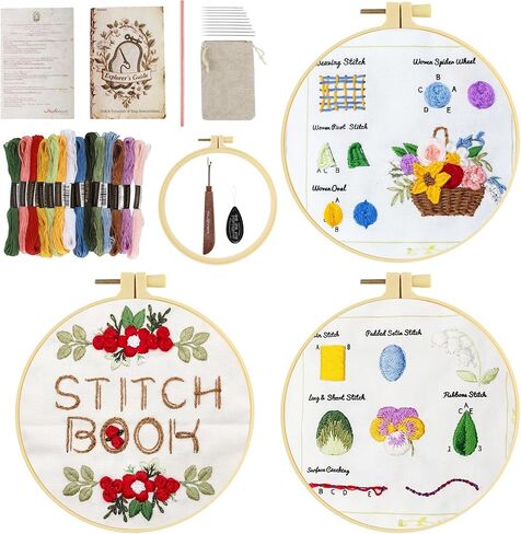 Zisekdy Embroidery Stitch Book Kit for Adults Beginners, 32 Stitches, Hand Embroidery Guide with Floral Patterns, Includes Hoop, Threads and Tools, DIY Sewing Craft Starter Set, Gift for Craft Lovers in Kuwait