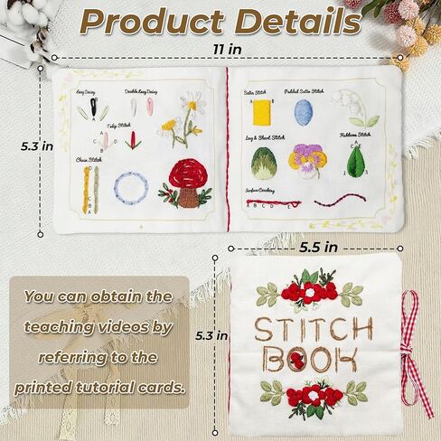 Zisekdy Embroidery Stitch Book Kit for Adults Beginners, 32 Stitches, Hand Embroidery Guide with Floral Patterns, Includes Hoop, Threads and Tools, DIY Sewing Craft Starter Set, Gift for Craft Lovers in Kuwait