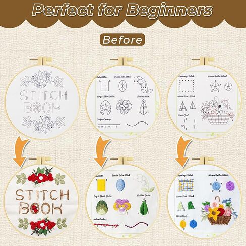 Zisekdy Embroidery Stitch Book Kit for Adults Beginners, 32 Stitches, Hand Embroidery Guide with Floral Patterns, Includes Hoop, Threads and Tools, DIY Sewing Craft Starter Set, Gift for Craft Lovers in Kuwait