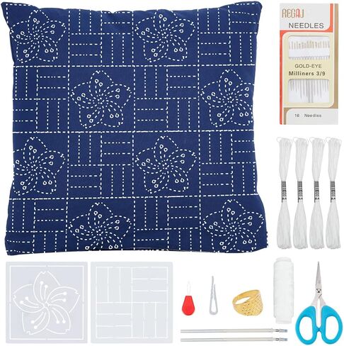 WEBEEDY Sashiko Pillowcase Template Kit DIY Sashiko Pattern Template Pillowcase Embroidery Set,Japanese Embroidery Kit with Instruction for Beginners Sofa Pillow Cover Needlework Gift,15.7x15.7 inch in Kuwait