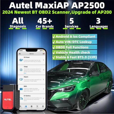 Autel MaxiAP AP2500 Obd2 قارئ رموز بلوتوث الماسح الضوئي، ترقية AP200/AP200C/AP200H/AP200M، أفضل AP2500E، أداة مسح ضوئي للسيارة، 5 خدمات DIY، 45+ علامة تجارية للسيارات، هواتف Android/iOS المتوافقة in Kuwait