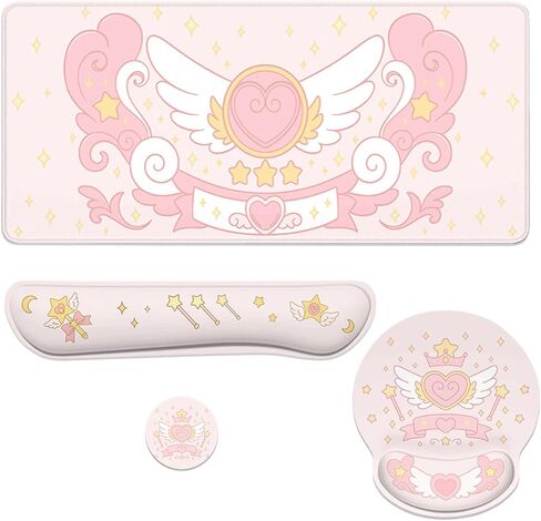 Cartoon Magical Mouse Pad Set Cute Pink Heart Wings Stars Gaming Mousepad 4in1 Desk Mat for Desktop Anti-Slip XXL Big Computer Ergonomic Mousepad with Wrist Support for Keyboard and Mouse in Saudi Arabia
