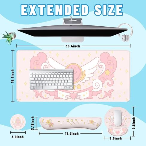 Cartoon Magical Mouse Pad Set Cute Pink Heart Wings Stars Gaming Mousepad 4in1 Desk Mat for Desktop Anti-Slip XXL Big Computer Ergonomic Mousepad with Wrist Support for Keyboard and Mouse in Saudi Arabia
