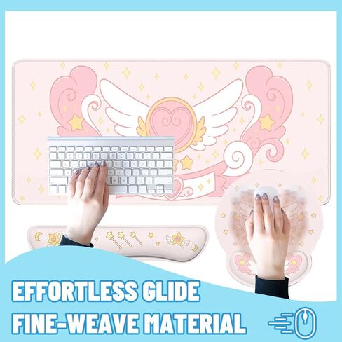 Cartoon Magical Mouse Pad Set Cute Pink Heart Wings Stars Gaming Mousepad 4in1 Desk Mat for Desktop Anti-Slip XXL Big Computer Ergonomic Mousepad with Wrist Support for Keyboard and Mouse in Saudi Arabia