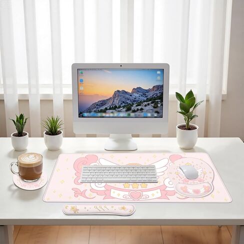 Cartoon Magical Mouse Pad Set Cute Pink Heart Wings Stars Gaming Mousepad 4in1 Desk Mat for Desktop Anti-Slip XXL Big Computer Ergonomic Mousepad with Wrist Support for Keyboard and Mouse in Saudi Arabia