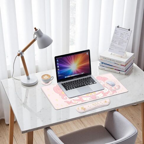 Cartoon Magical Mouse Pad Set Cute Pink Heart Wings Stars Gaming Mousepad 4in1 Desk Mat for Desktop Anti-Slip XXL Big Computer Ergonomic Mousepad with Wrist Support for Keyboard and Mouse in Saudi Arabia