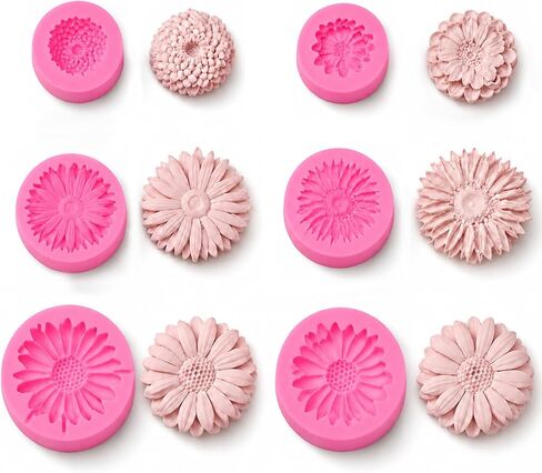 JJUNW 6 PCS Daisy Flower Silicone Mold, 3D Flower Candle Mold Daisy Fondant Chocolate Cupcake Topper Decoration Mold for Soap Wax Epoxy Resin Concrete Casting Polymer Clay DIY Craft(Pink) in Kuwait