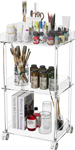 Eglaf Acrylic Craft Cart - 3-Tier Art Organizer Cart - Rolling Craft Storage Cart with Lockable Wheels, Versatile Paint Brush Holder & Paint Organizer - 15.6'' L x 11.6‘’ W x 29.1'' H in Saudi Arabia