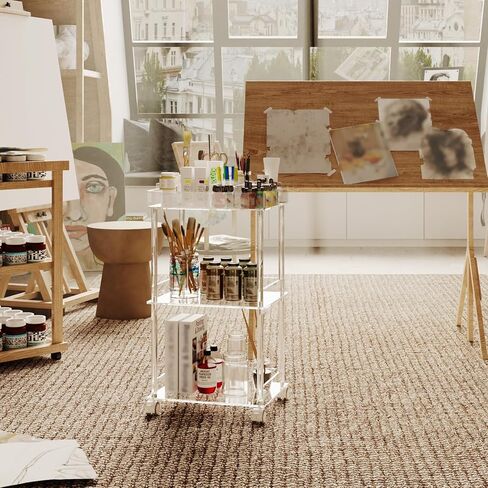Eglaf Acrylic Craft Cart - 3-Tier Art Organizer Cart - Rolling Craft Storage Cart with Lockable Wheels, Versatile Paint Brush Holder & Paint Organizer - 15.6'' L x 11.6‘’ W x 29.1'' H in Saudi Arabia