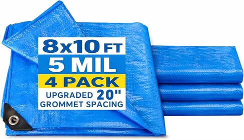Blue Tarp 8x10 FT (4 Pack), 5 Mil Waterproof Poly Tarp, Reinforced Edges, Upgraded 20" Grommet Spacing, Multi-Purpose Tarpaulin, Cover for Camping, Roof, Yard, Budget Value Pack in Saudi Arabia