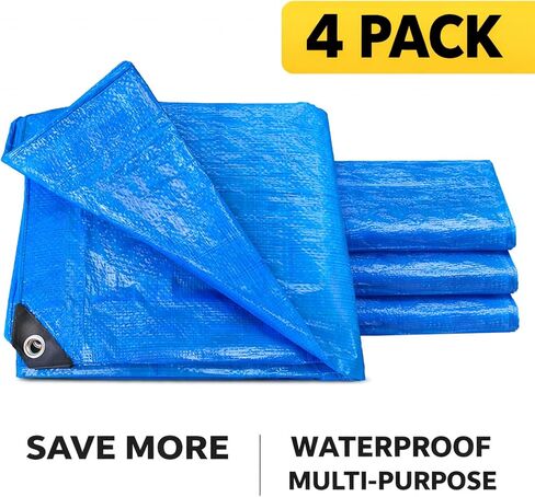 Blue Tarp 8x10 FT (4 Pack), 5 Mil Waterproof Poly Tarp, Reinforced Edges, Upgraded 20" Grommet Spacing, Multi-Purpose Tarpaulin, Cover for Camping, Roof, Yard, Budget Value Pack in Saudi Arabia