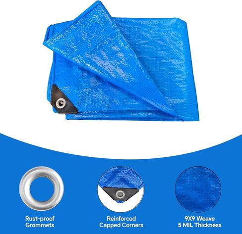 Blue Tarp 8x10 FT (4 Pack), 5 Mil Waterproof Poly Tarp, Reinforced Edges, Upgraded 20" Grommet Spacing, Multi-Purpose Tarpaulin, Cover for Camping, Roof, Yard, Budget Value Pack in Saudi Arabia
