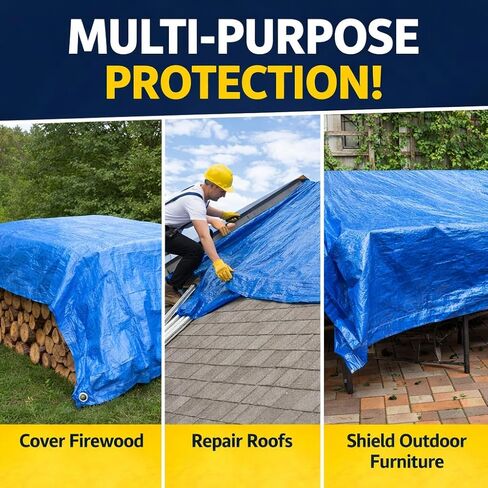 Blue Tarp 8x10 FT (4 Pack), 5 Mil Waterproof Poly Tarp, Reinforced Edges, Upgraded 20" Grommet Spacing, Multi-Purpose Tarpaulin, Cover for Camping, Roof, Yard, Budget Value Pack in Saudi Arabia