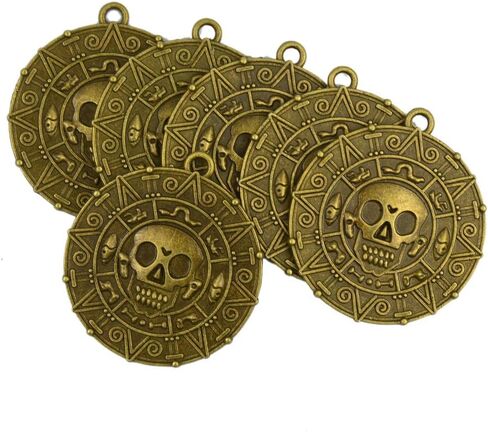 6pcs Pirates of The Caribbean Gold Skull Coin Treasure Charms Pendants Necklace, Vintage Skull Medallion for Gift Reward in Kuwait