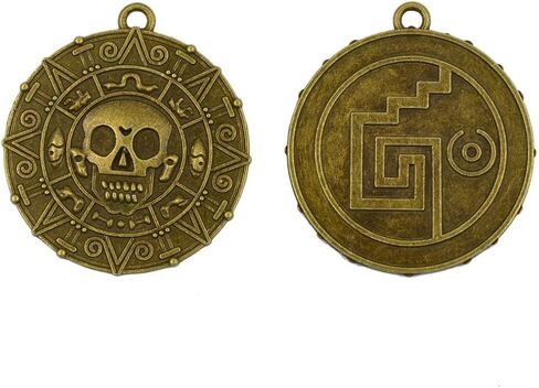 6pcs Pirates of The Caribbean Gold Skull Coin Treasure Charms Pendants Necklace, Vintage Skull Medallion for Gift Reward in Kuwait