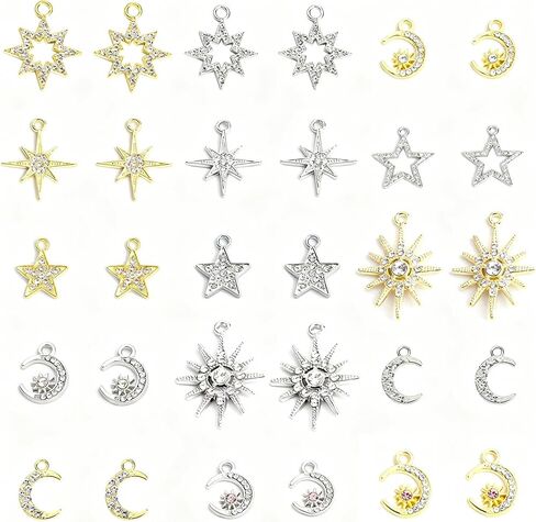 Celestial Charm Jewelry Set, 60pcs Sun Moon Star Pendants in Silver & Gold for DIY Necklace, Earrings, Bracelets – Perfect for Crafting & Jewelry Making in Saudi Arabia