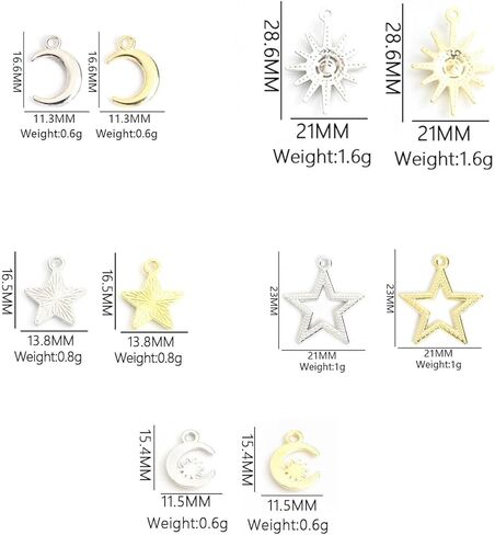 Celestial Charm Jewelry Set, 60pcs Sun Moon Star Pendants in Silver & Gold for DIY Necklace, Earrings, Bracelets – Perfect for Crafting & Jewelry Making in Saudi Arabia