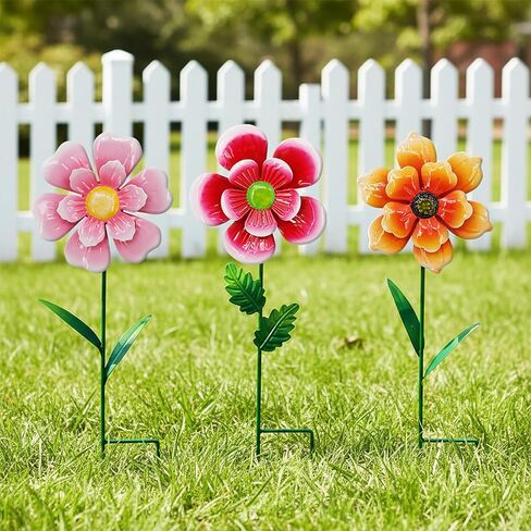 3pcs Flowers Yard Wind Spinners Outdoor Decoration Stakes Lawn Ornaments, Lawn Decorations Garden Stakes, Metal Outside Decorations for Metal Yard Art Flower Garden Decor, Spring Mom Gifts in Saudi Arabia