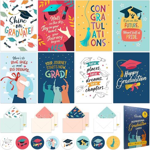 Decorably 16 Pack Foiled 5x7in Inspirational Assorted Graduation Cards with Envelopes & Stickers - 8 Festive Designs for College, Highschool, Her, Him, with Printed Message Inside - Gifting, Mailing in Kuwait